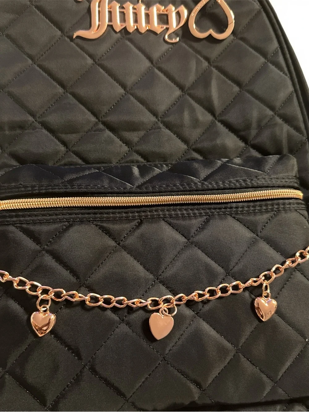 Juicy Couture Black Quilted Backpack with Rose Gold Heart Charm Chain